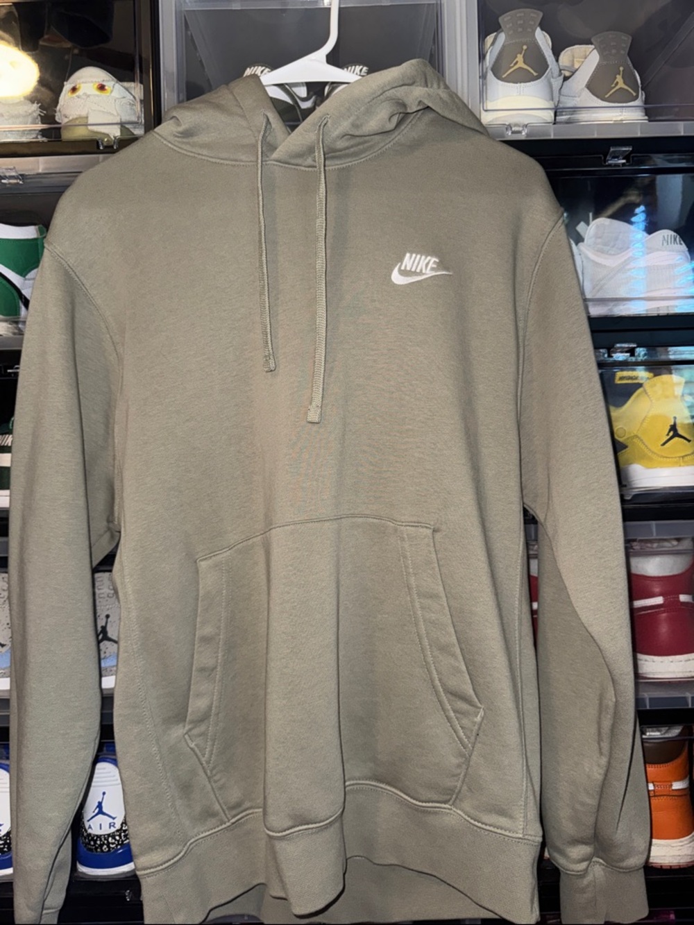 Nike Men’s Olive Pullover Hoodie with White Swoosh